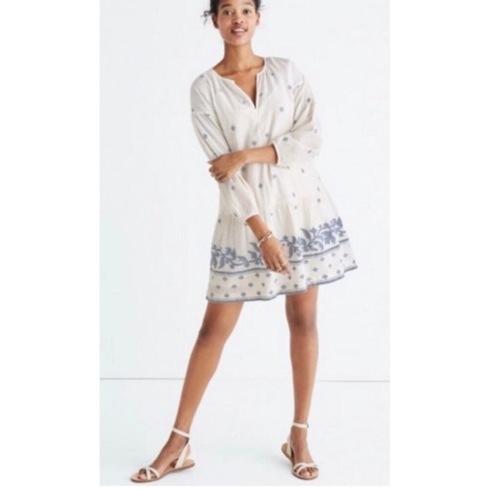 Madewell white jacquard dress blue floral embroidery XS 100% Cotton
